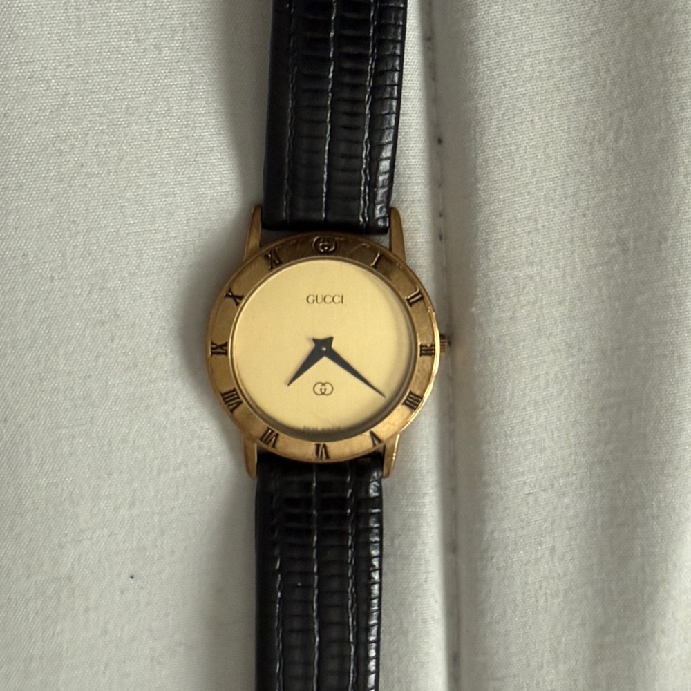 Gucci Men's Watch with Gold Dial and Black Strap